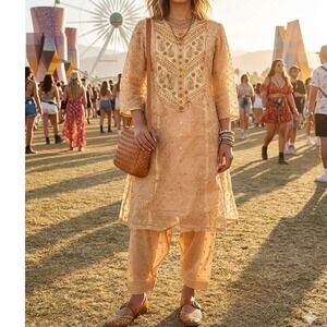Salwar Kameez Embroidered Kurta Set Peach Gold Sma Boho Indian Wedding Guest